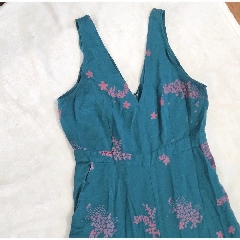 Anthropologie Maeve Floral Wide Leg Jumpsuit Teal Blue Sleeveless Sz 12 Boho